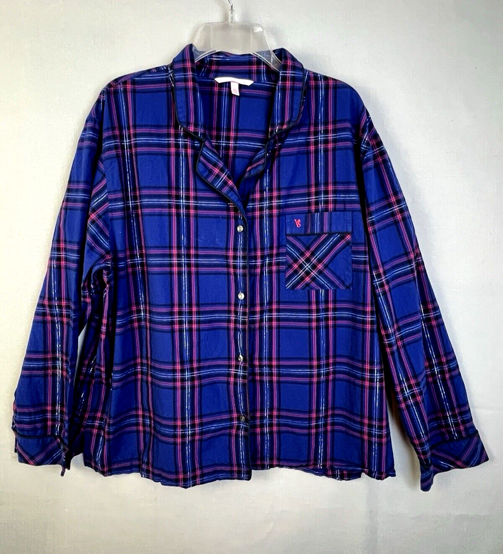 VIctoria's Secret Sleep Shirt Women's XL Blue Plaid Button Front Pajama Top